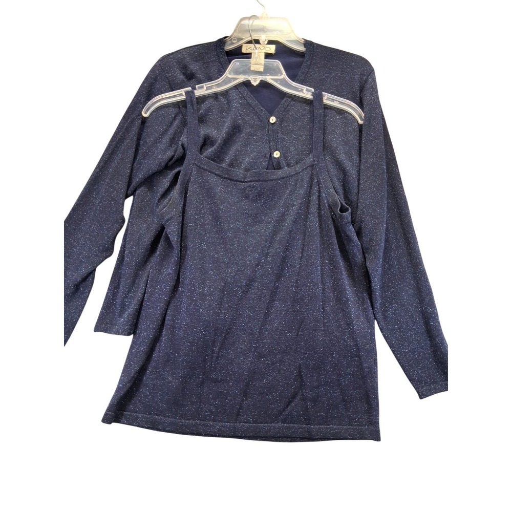 Kevo Women 2 Piece Set Silk Blend Top Royal Blue Button Front Long Sleeve Size L